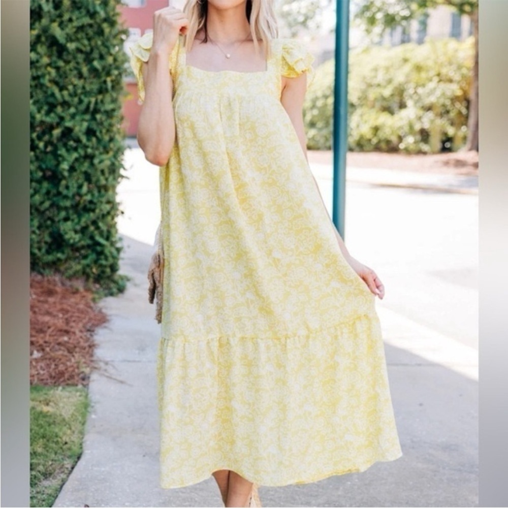 By the River Yellow Floral Tiered Midi Dress Cottagecore Flutter Shoulder Size S